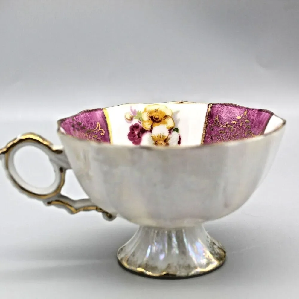 Lusterware Floral Cup & Saucer Set Pink Stripes Reticulated Saucer Vintage